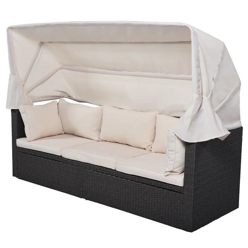 Outdoor Patio Rectangle Daybed with Retractable Canopy, Wicker Sectional Seating with Washable Cushions, Backyard, Porch