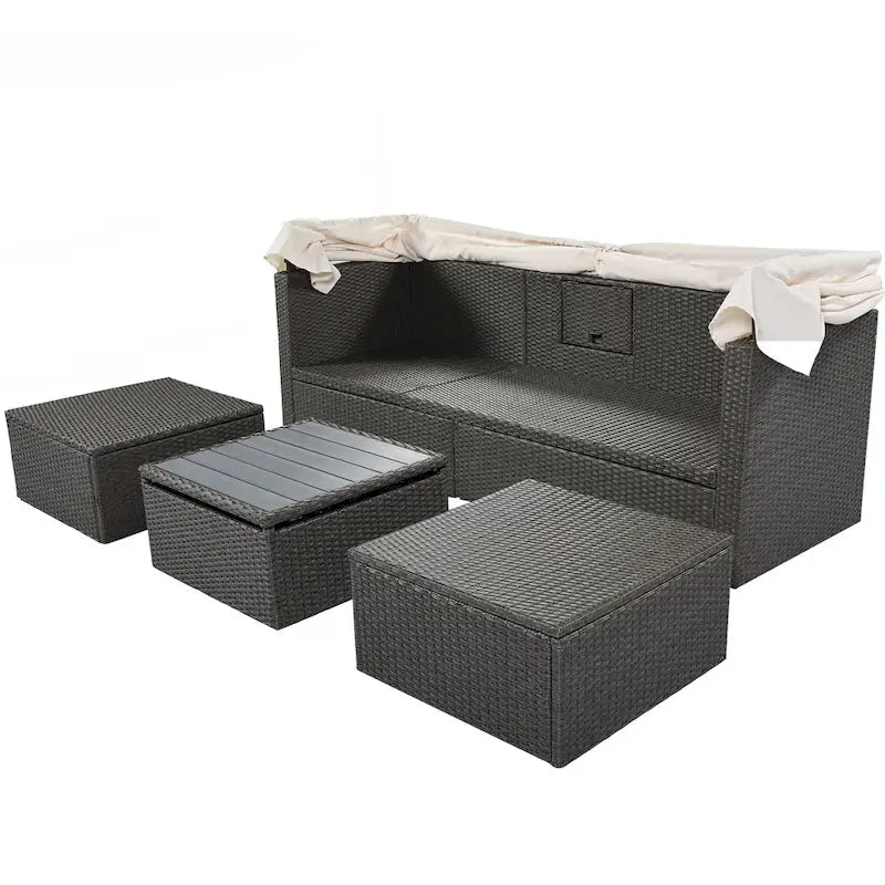Outdoor Patio Rectangle Daybed with Retractable Canopy, Wicker Sectional Seating with Washable Cushions, Backyard, Porch