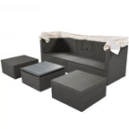 Outdoor Patio Rectangle Daybed with Retractable Canopy, Wicker Sectional Seating with Washable Cushions, Backyard, Porch