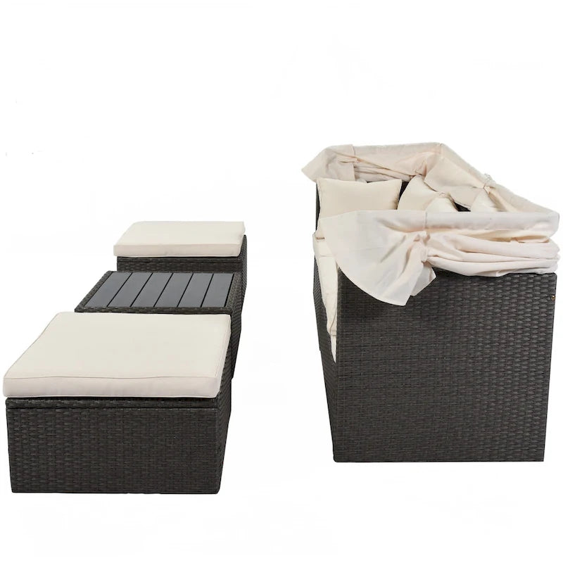 Outdoor Patio Rectangle Daybed with Retractable Canopy, Wicker Sectional Seating with Washable Cushions, Backyard, Porch