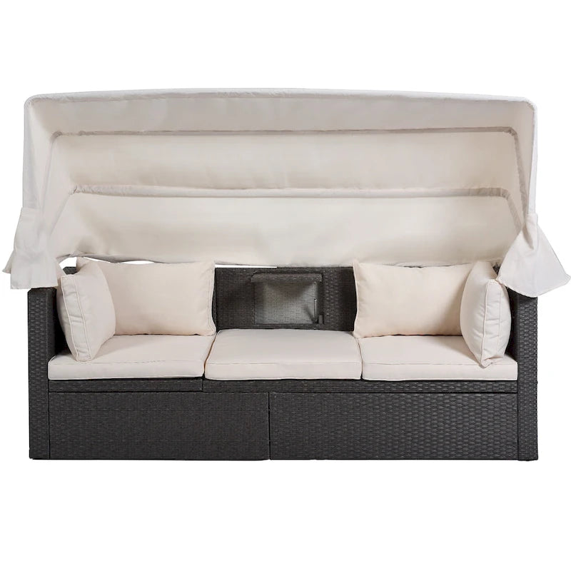 Outdoor Patio Rectangle Daybed with Retractable Canopy, Wicker Sectional Seating with Washable Cushions, Backyard, Porch