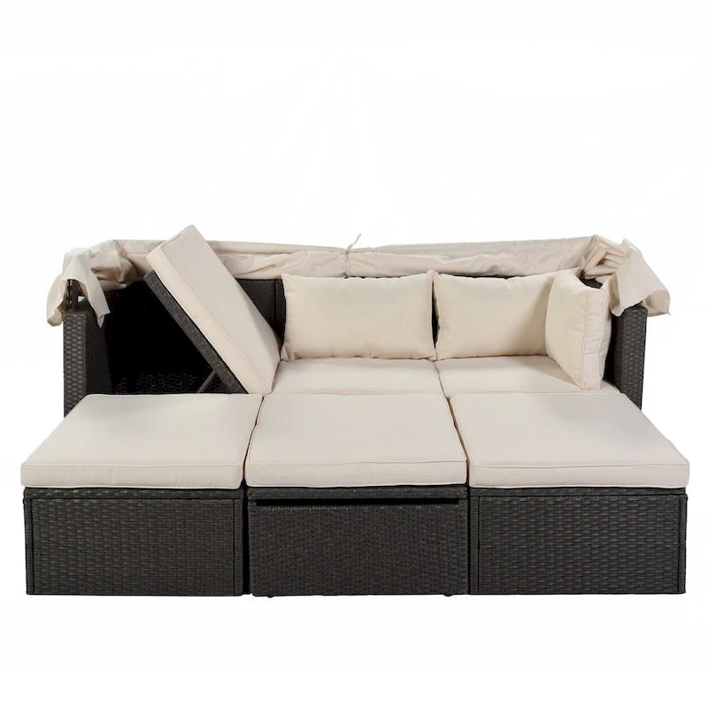 Outdoor Patio Rectangle Daybed with Retractable Canopy, Wicker Sectional Seating with Washable Cushions, Backyard, Porch