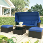 Outdoor Patio Rectangle Daybed with Retractable Canopy, Wicker Sectional Seating with Washable Cushions, Backyard, Porch