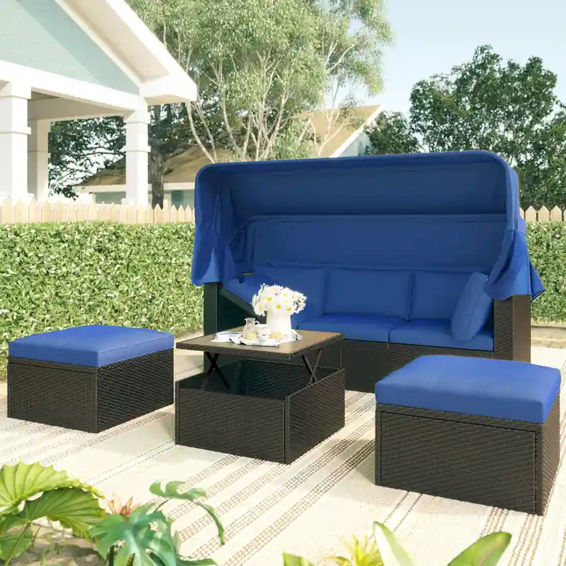 Outdoor Patio Rectangle Daybed with Retractable Canopy, Wicker Sectional Seating with Washable Cushions, Backyard, Porch