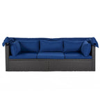 Outdoor Patio Rectangle Daybed with Retractable Canopy, Wicker Sectional Seating with Washable Cushions, Backyard, Porch