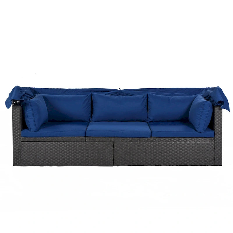 Outdoor Patio Rectangle Daybed with Retractable Canopy, Wicker Sectional Seating with Washable Cushions, Backyard, Porch