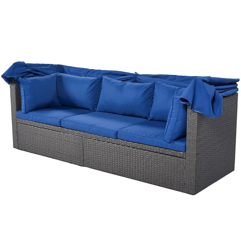 Outdoor Patio Rectangle Daybed with Retractable Canopy, Wicker Sectional Seating with Washable Cushions, Backyard, Porch