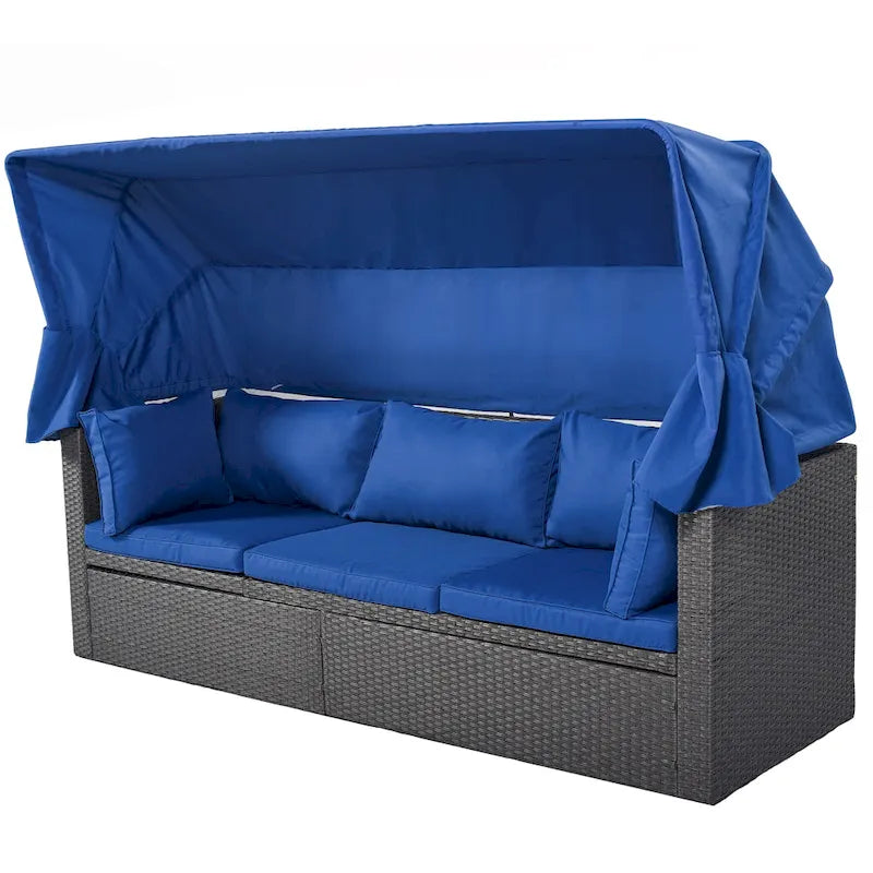 Outdoor Patio Rectangle Daybed with Retractable Canopy, Wicker Sectional Seating with Washable Cushions, Backyard, Porch
