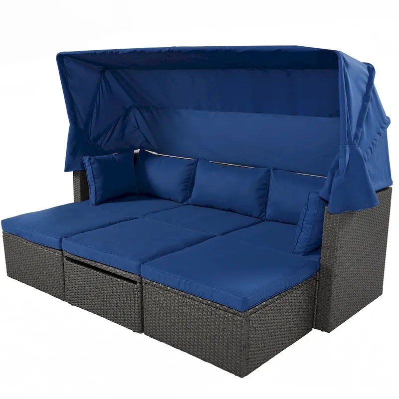 Outdoor Patio Rectangle Daybed with Retractable Canopy, Wicker Sectional Seating with Washable Cushions, Backyard, Porch