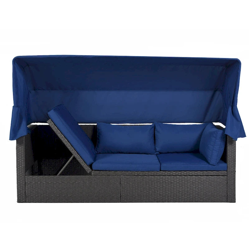Outdoor Patio Rectangle Daybed with Retractable Canopy, Wicker Sectional Seating with Washable Cushions, Backyard, Porch