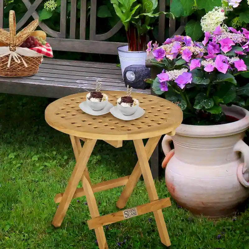 Seven Seas Teak Round Outdoor Teak Wood Folding Picnic Table with Carry Handle