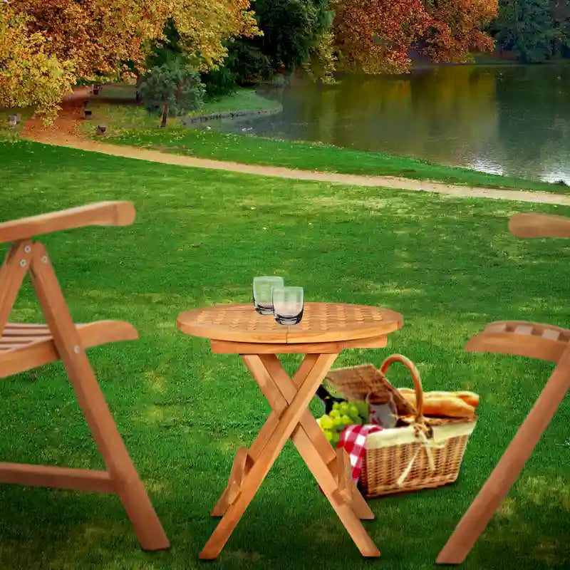 Seven Seas Teak Round Outdoor Teak Wood Folding Picnic Table with Carry Handle