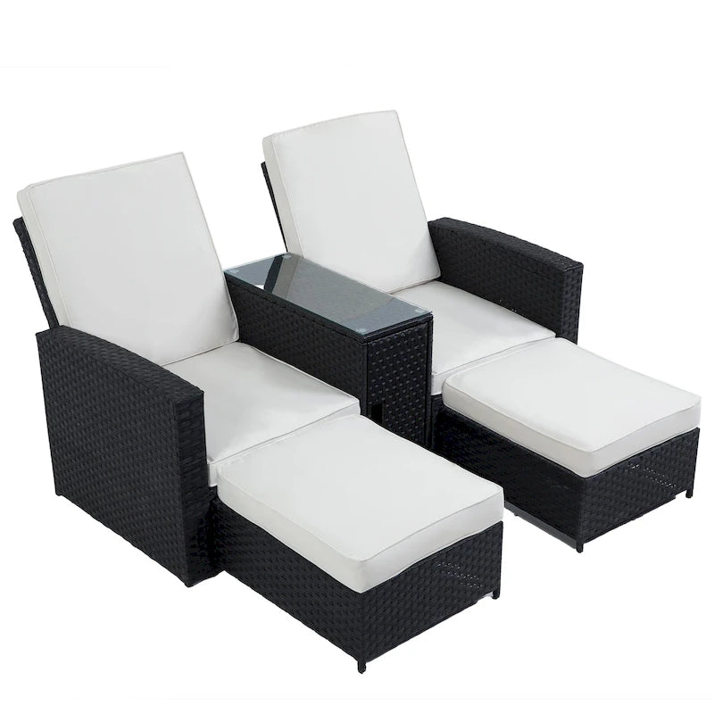 5 Piece Rattan Wicker Outdoor Chaise Lounge Recliner Back Adjustable with white cushions - 83*56