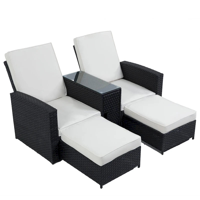 5 Piece Rattan Wicker Outdoor Chaise Lounge Recliner Back Adjustable with white cushions - 83*56
