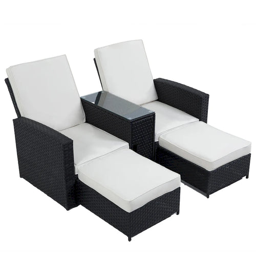 5 Piece Rattan Wicker Outdoor Chaise Lounge Recliner Back Adjustable with white cushions - 83*56