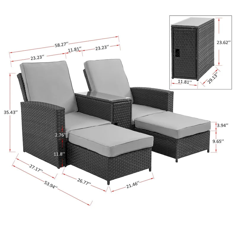 5 Piece Rattan Wicker Outdoor Chaise Lounge Recliner Back Adjustable with white cushions - 83*56