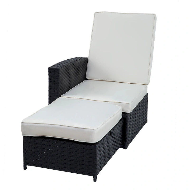 5 Piece Rattan Wicker Outdoor Chaise Lounge Recliner Back Adjustable with white cushions - 83*56