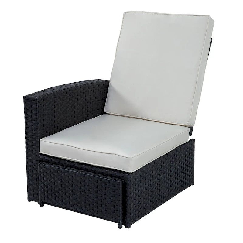 5 Piece Rattan Wicker Outdoor Chaise Lounge Recliner Back Adjustable with white cushions - 83*56