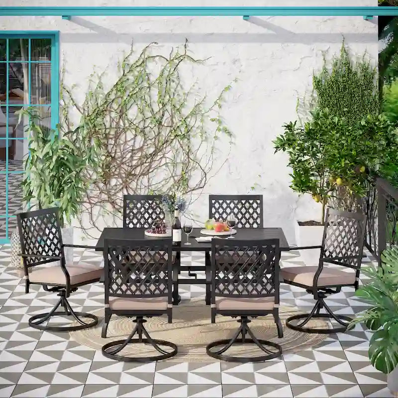 MAISON ARTS Rectangle Metal Table and 6 Swivel Chairs with Cushion 7-Piece Metal Outdoor Patio Dining Sets