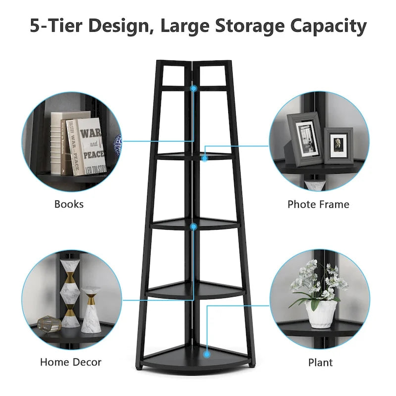 5-Tier Corner Shelf Tower – White / Black / Brown / White & Gold, Freestanding Style