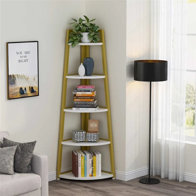5-Tier Corner Shelf Tower – White / Black / Brown / White & Gold, Freestanding Style