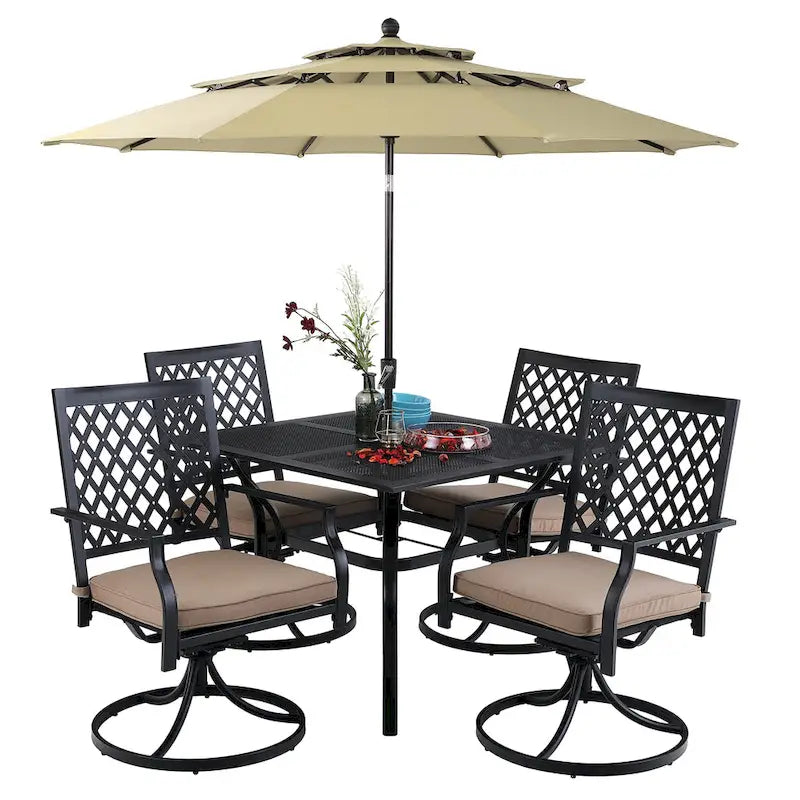 MAISON ARTS 6-Piece Metal Patio Dining Set: 4 Swivel Chairs, 1 Steel Frame Square 37 Table and 1x10ft 3-Tier Red Umbrella