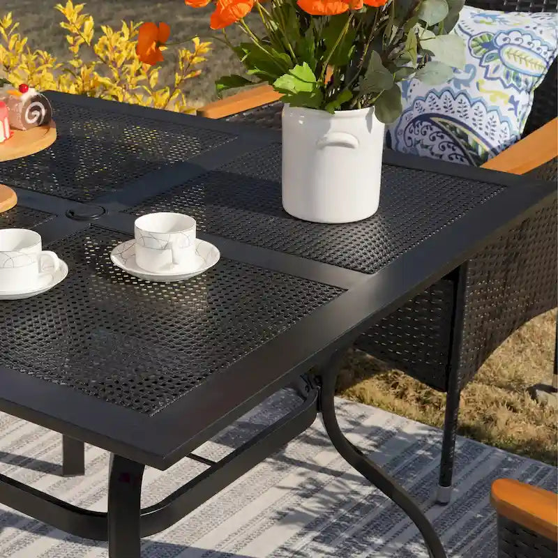 MAISON ARTS 6-Piece Metal Patio Dining Set: 4 Swivel Chairs, 1 Steel Frame Square 37 Table and 1x10ft 3-Tier Red Umbrella