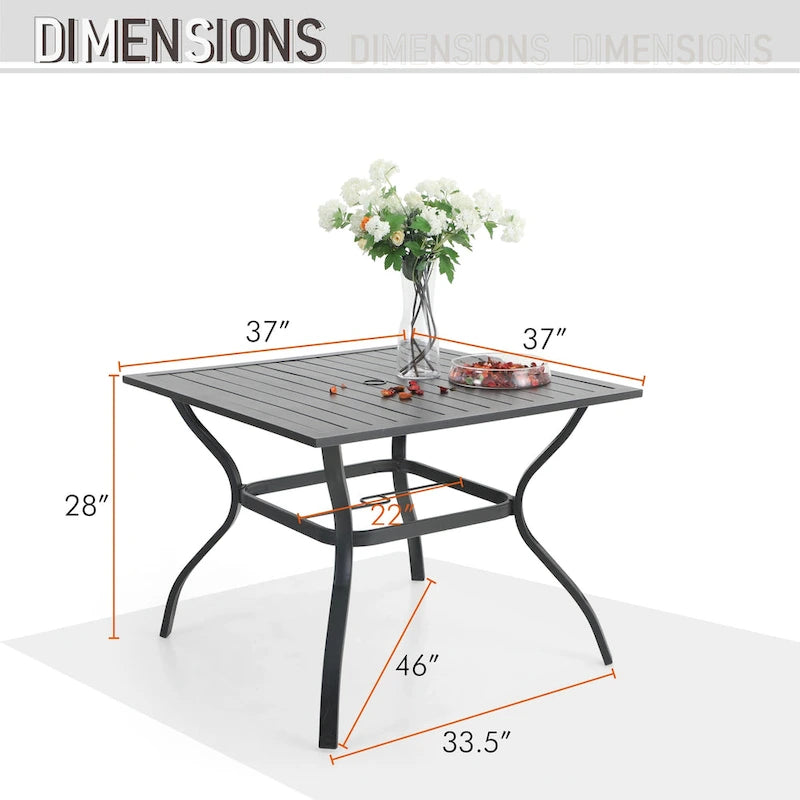 MAISON ARTS 6-Piece Metal Patio Dining Set: 4 Swivel Chairs, 1 Steel Frame Square 37 Table and 1x10ft 3-Tier Red Umbrella
