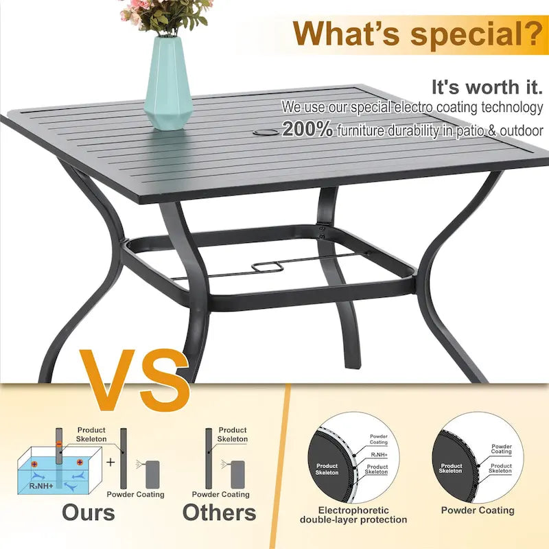 MAISON ARTS 6-Piece Metal Patio Dining Set: 4 Swivel Chairs, 1 Steel Frame Square 37 Table and 1x10ft 3-Tier Red Umbrella