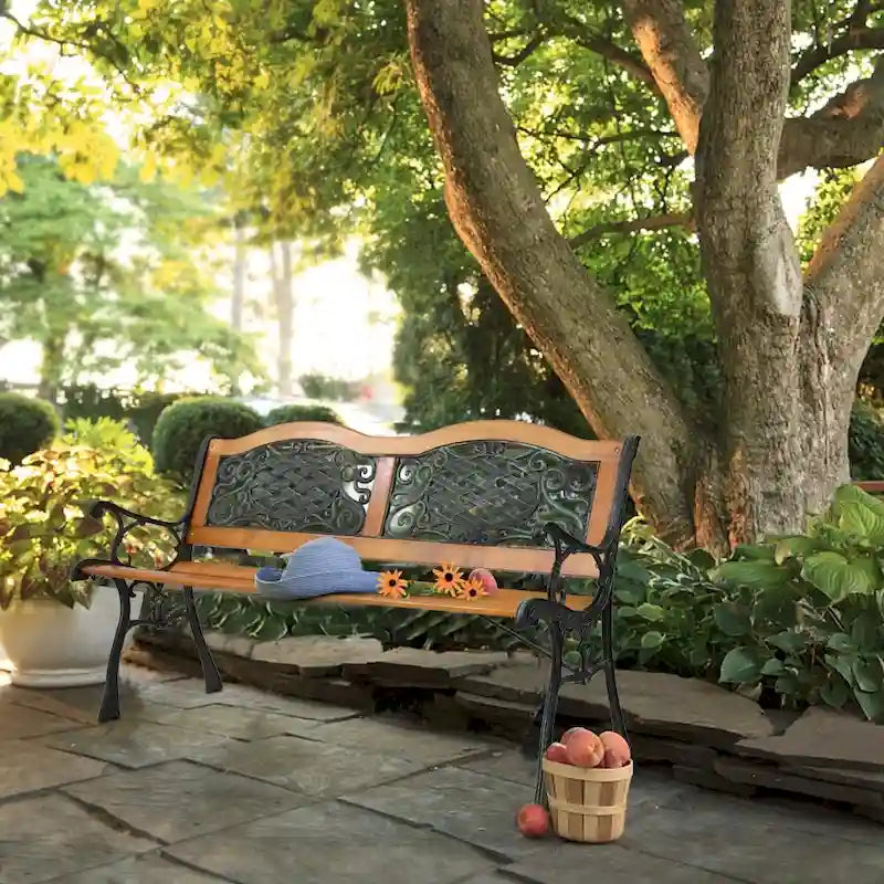 49 Garden Bench Outdoor Patio Park Chair Furniture Hardwood Slats Cast Iron Frame