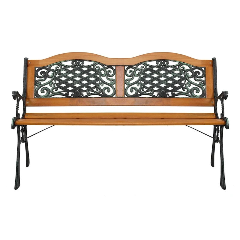 49 Garden Bench Outdoor Patio Park Chair Furniture Hardwood Slats Cast Iron Frame