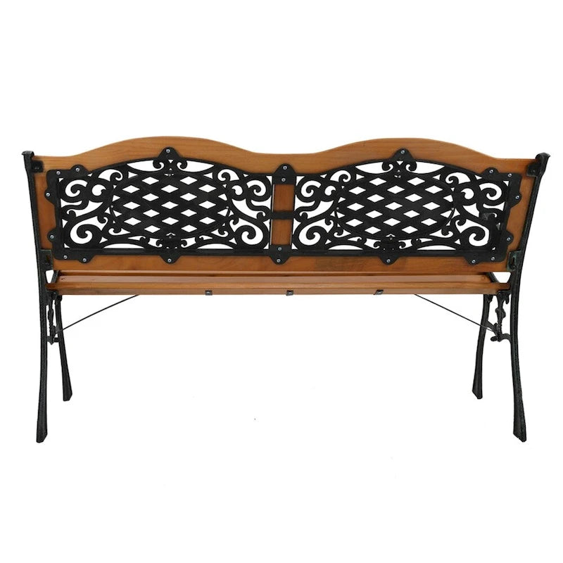 49 Garden Bench Outdoor Patio Park Chair Furniture Hardwood Slats Cast Iron Frame