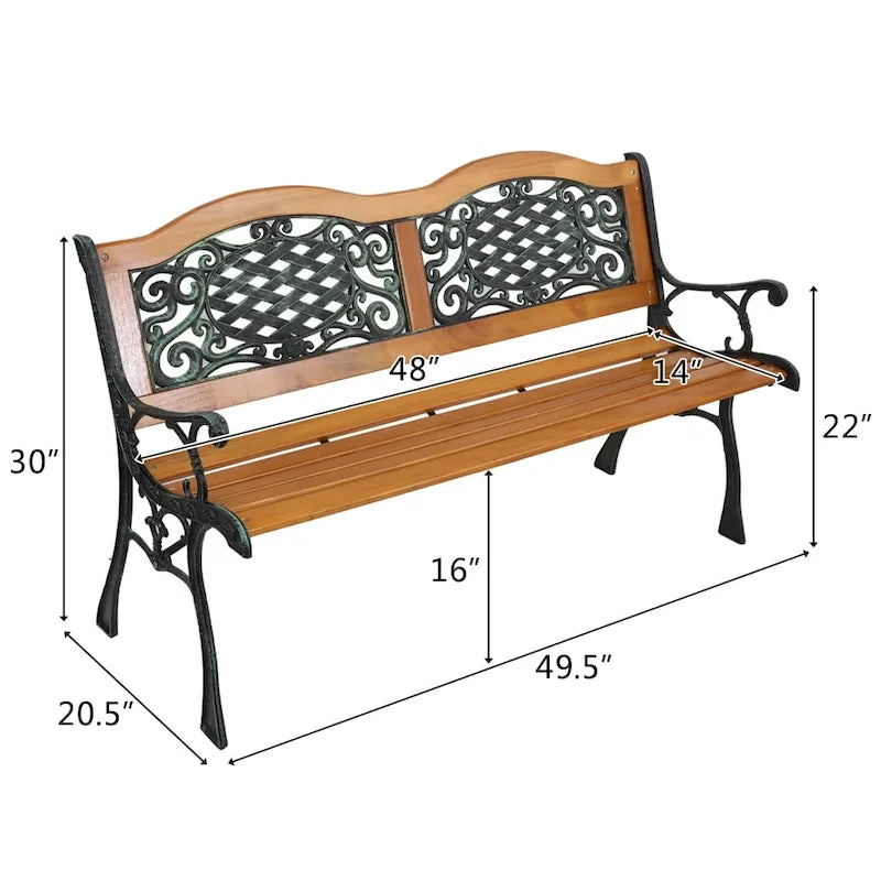 49 Garden Bench Outdoor Patio Park Chair Furniture Hardwood Slats Cast Iron Frame