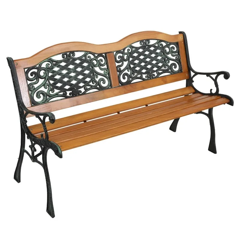 49 Garden Bench Outdoor Patio Park Chair Furniture Hardwood Slats Cast Iron Frame