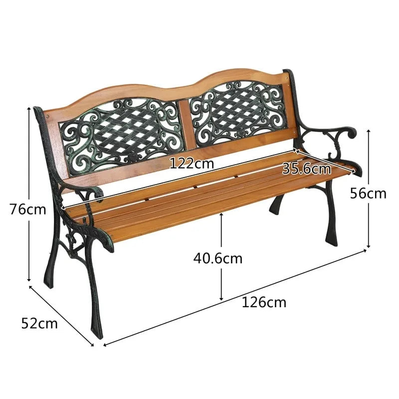 49 Garden Bench Outdoor Patio Park Chair Furniture Hardwood Slats Cast Iron Frame