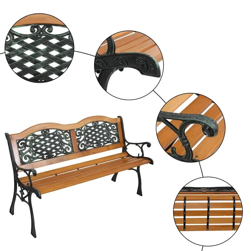49 Garden Bench Outdoor Patio Park Chair Furniture Hardwood Slats Cast Iron Frame