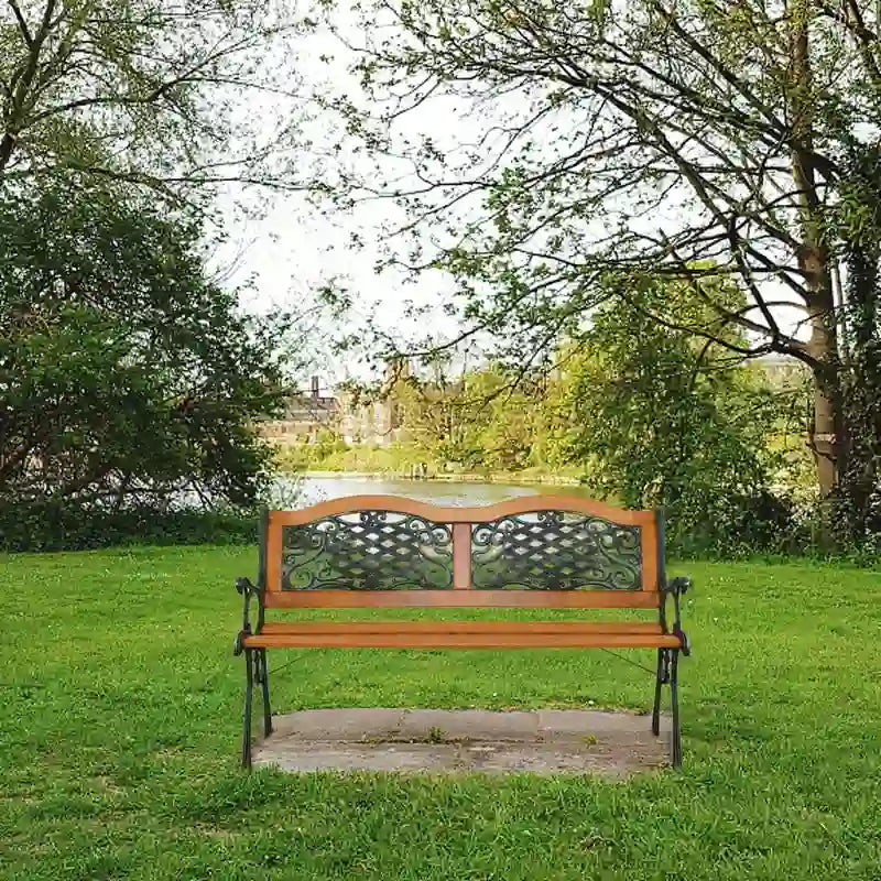 49 Garden Bench Outdoor Patio Park Chair Furniture Hardwood Slats Cast Iron Frame