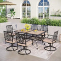 MAISON ARTS 7-piece Patio Dining Set, 1 Rectangle Wood-like Table with Umbrella Hole and 6 Metal Swivel Chairs