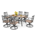 MAISON ARTS 7-piece Patio Dining Set, 1 Rectangle Wood-like Table with Umbrella Hole and 6 Metal Swivel Chairs