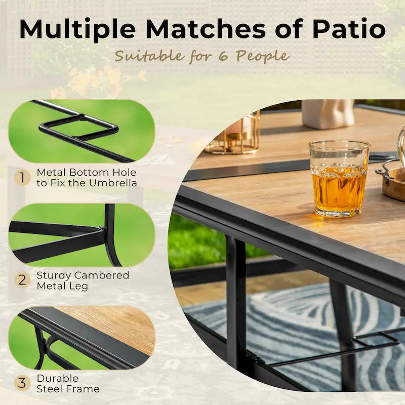 MAISON ARTS 7-piece Patio Dining Set, 1 Rectangle Wood-like Table with Umbrella Hole and 6 Metal Swivel Chairs