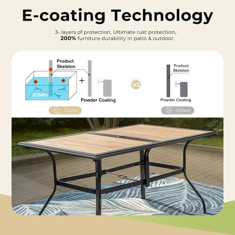 MAISON ARTS 7-piece Patio Dining Set, 1 Rectangle Wood-like Table with Umbrella Hole and 6 Metal Swivel Chairs