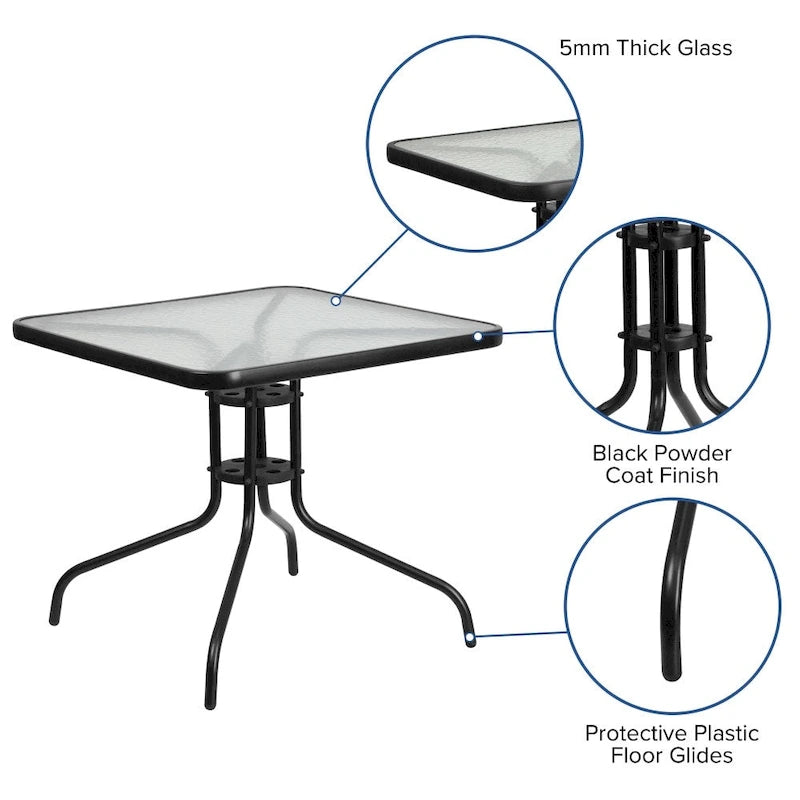 31.5 Square Tempered Glass Metal Table with Smooth Ripple Design Top