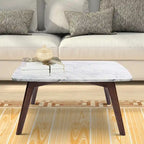 Square Marble Top Coffee Table with Elm Wood Legs – White & Walnut, Mid-Century Modern Style