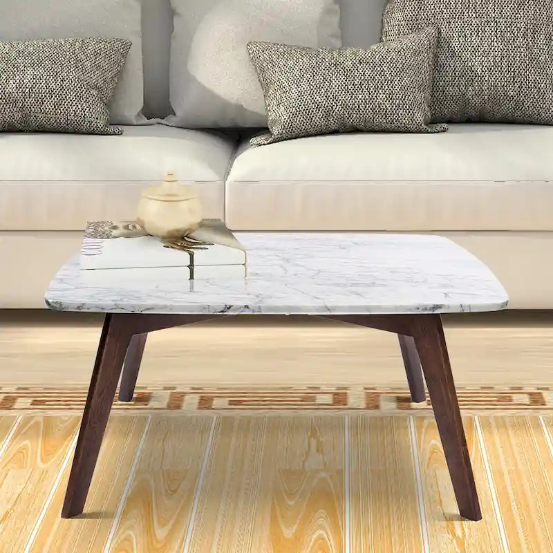 Square Marble Top Coffee Table with Elm Wood Legs – White & Walnut, Mid-Century Modern Style