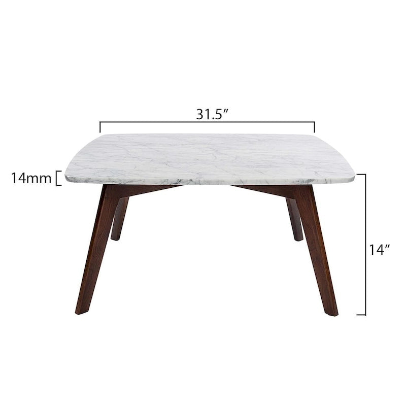 Square Marble Top Coffee Table with Elm Wood Legs – White & Walnut, Mid-Century Modern Style