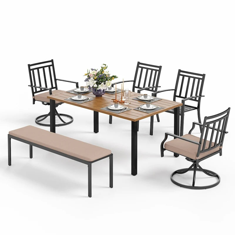 MAISON ARTS Patio Dining Set 6 Pieces with 1 Rectangle Teak Color Table, 2 Swivel Chairs, 2 Stackable Chairs and 1 Bench