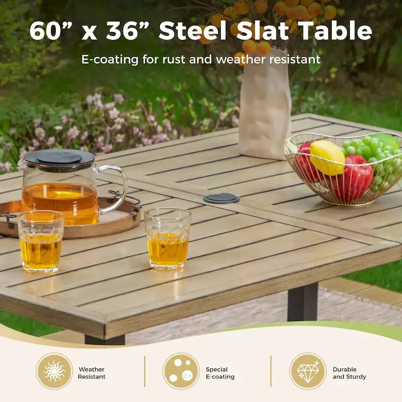 MAISON ARTS Patio Dining Set 6 Pieces with 1 Rectangle Teak Color Table, 2 Swivel Chairs, 2 Stackable Chairs and 1 Bench