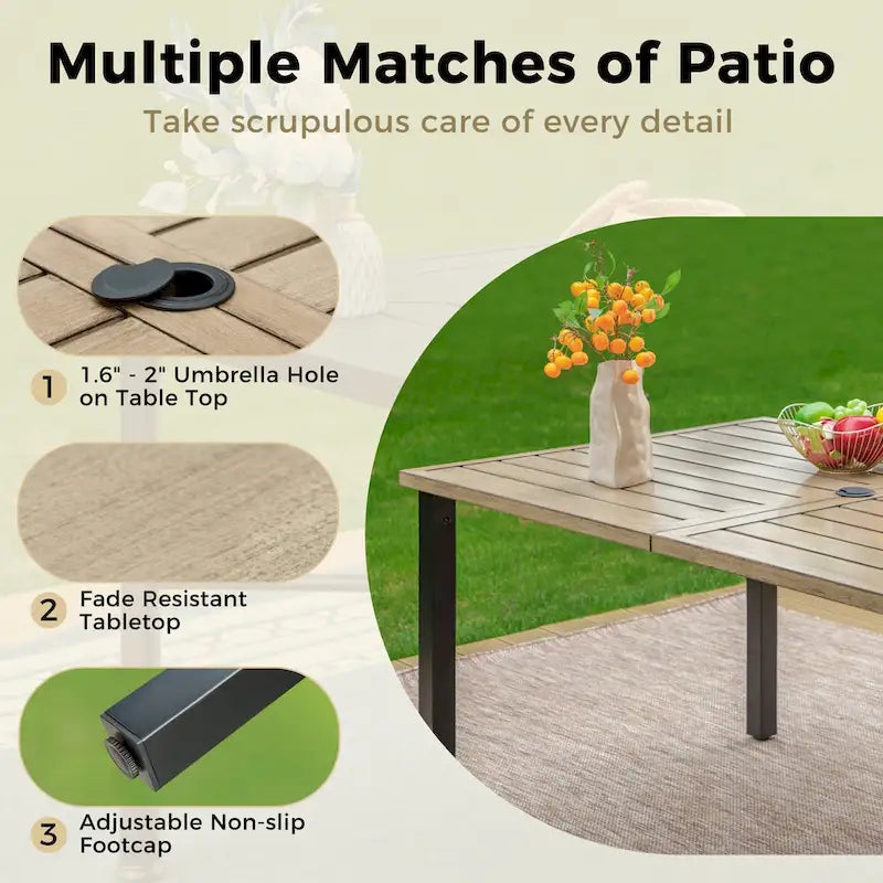 MAISON ARTS Patio Dining Set 6 Pieces with 1 Rectangle Teak Color Table, 2 Swivel Chairs, 2 Stackable Chairs and 1 Bench