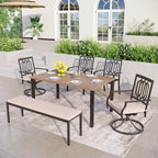 MAISON ARTS Patio Dining Set 6 Pieces with 1 Rectangle Teak Color Table, 2 Swivel Chairs, 2 Stackable Chairs and 1 Bench