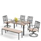MAISON ARTS Patio Dining Set 6 Pieces with 1 Rectangle Teak Color Table, 2 Swivel Chairs, 2 Stackable Chairs and 1 Bench